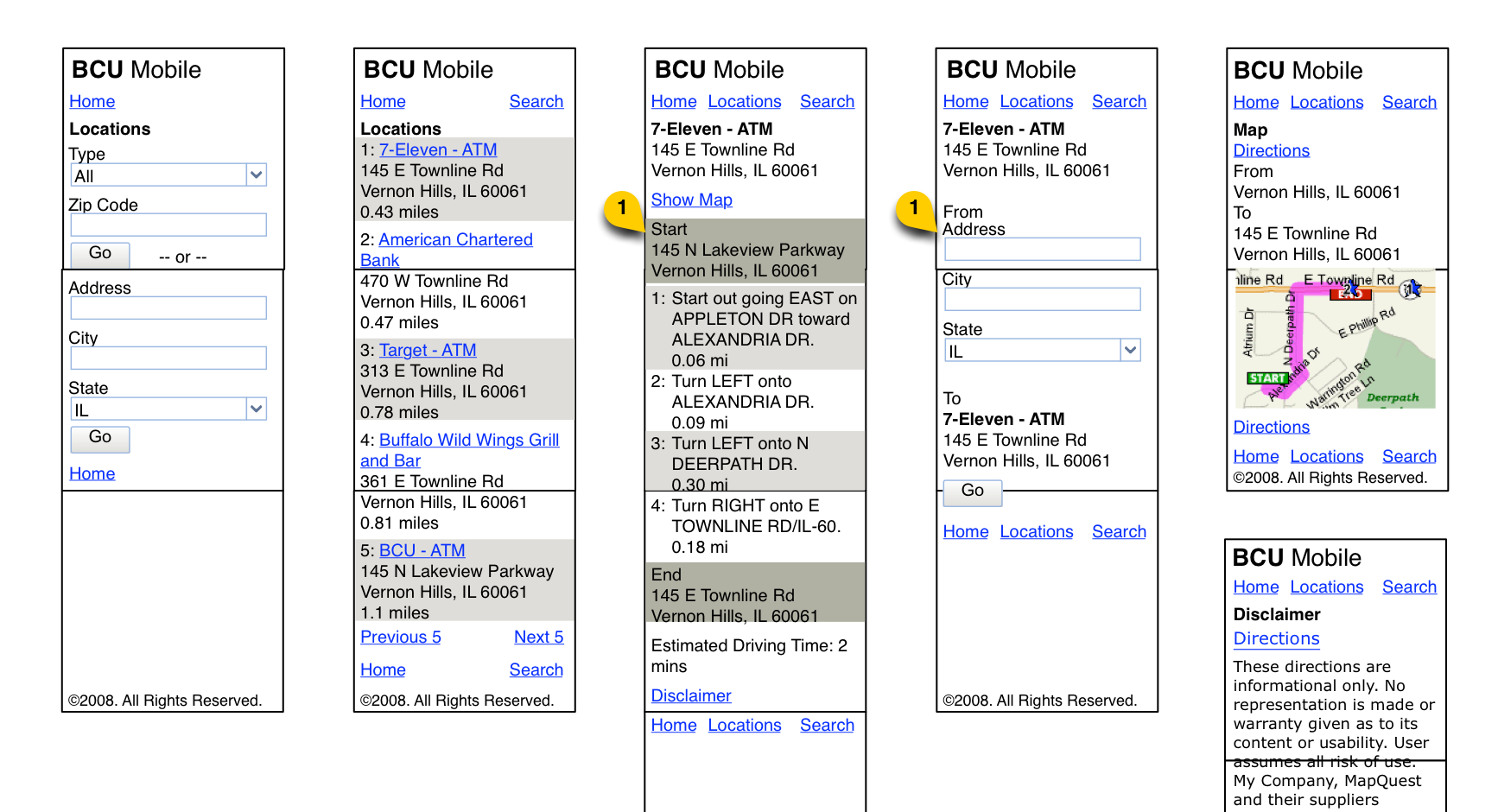 BCU Mobile branch locations wireframes