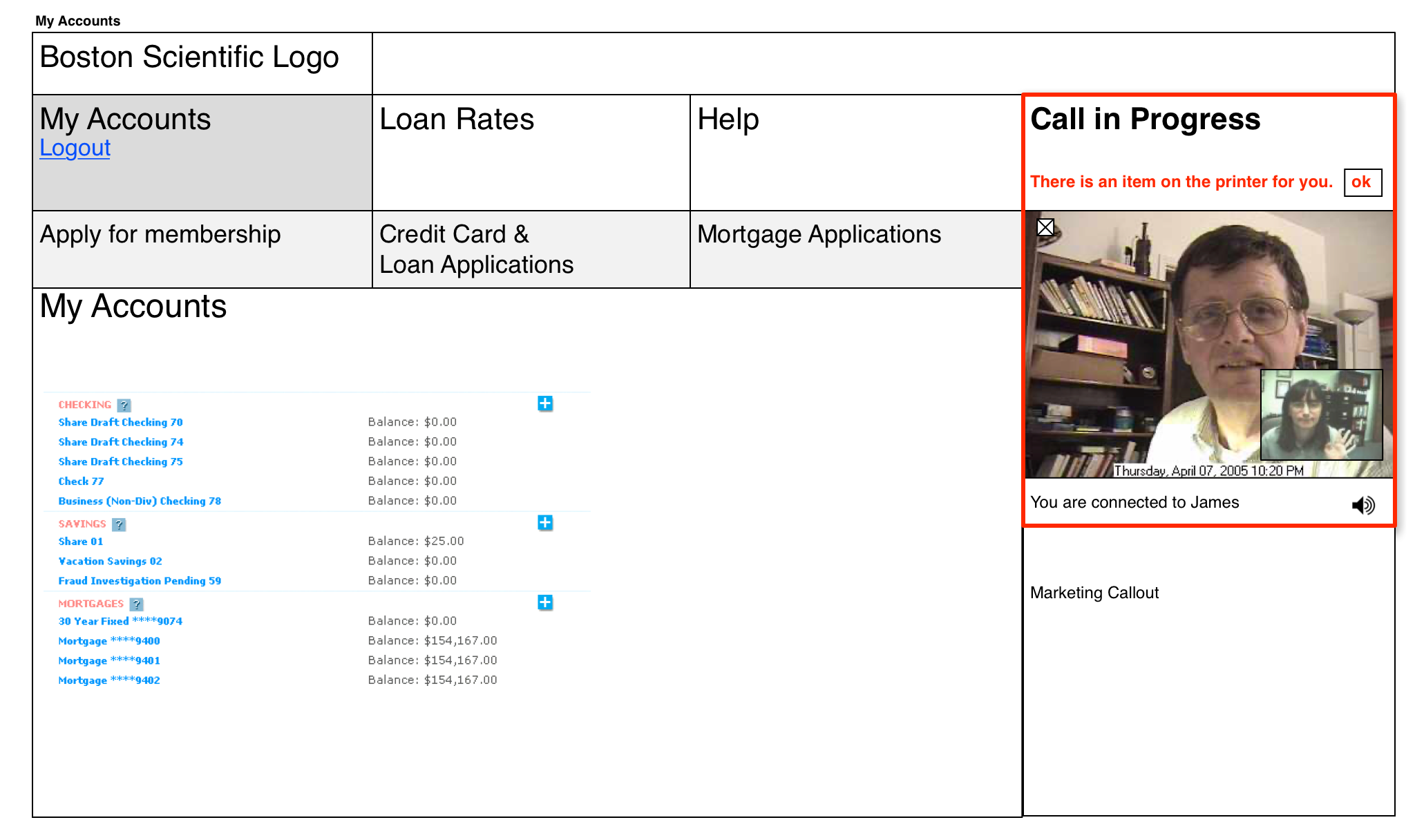 BCU eBranch account page with video call in-progress