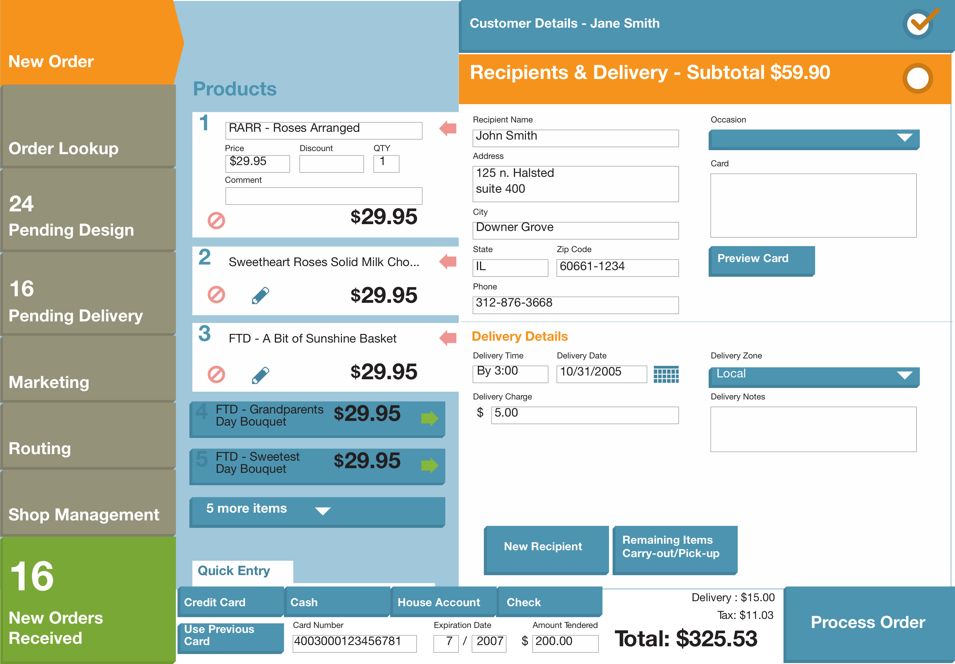 FTD Point of Sale recipients details mockup.