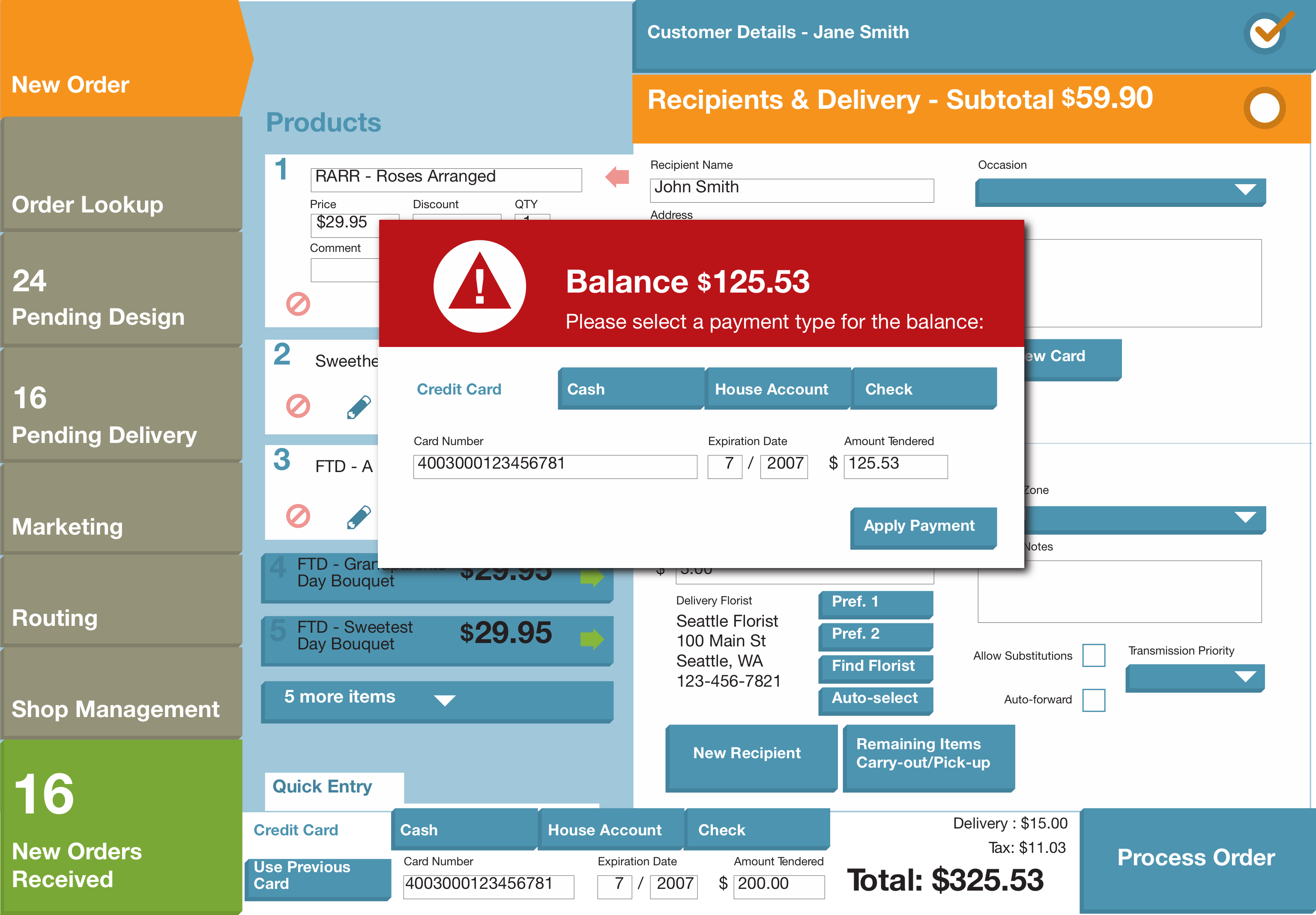 FTD Point of Sale payment details mockup.