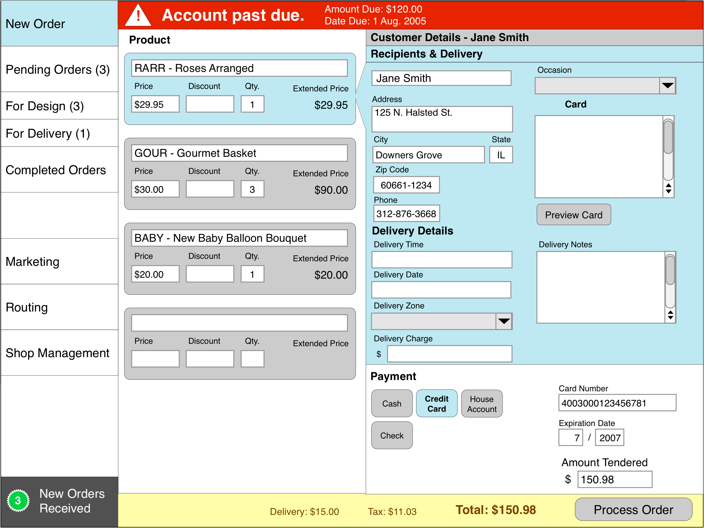 FTD Point of Sale new order wireframe.