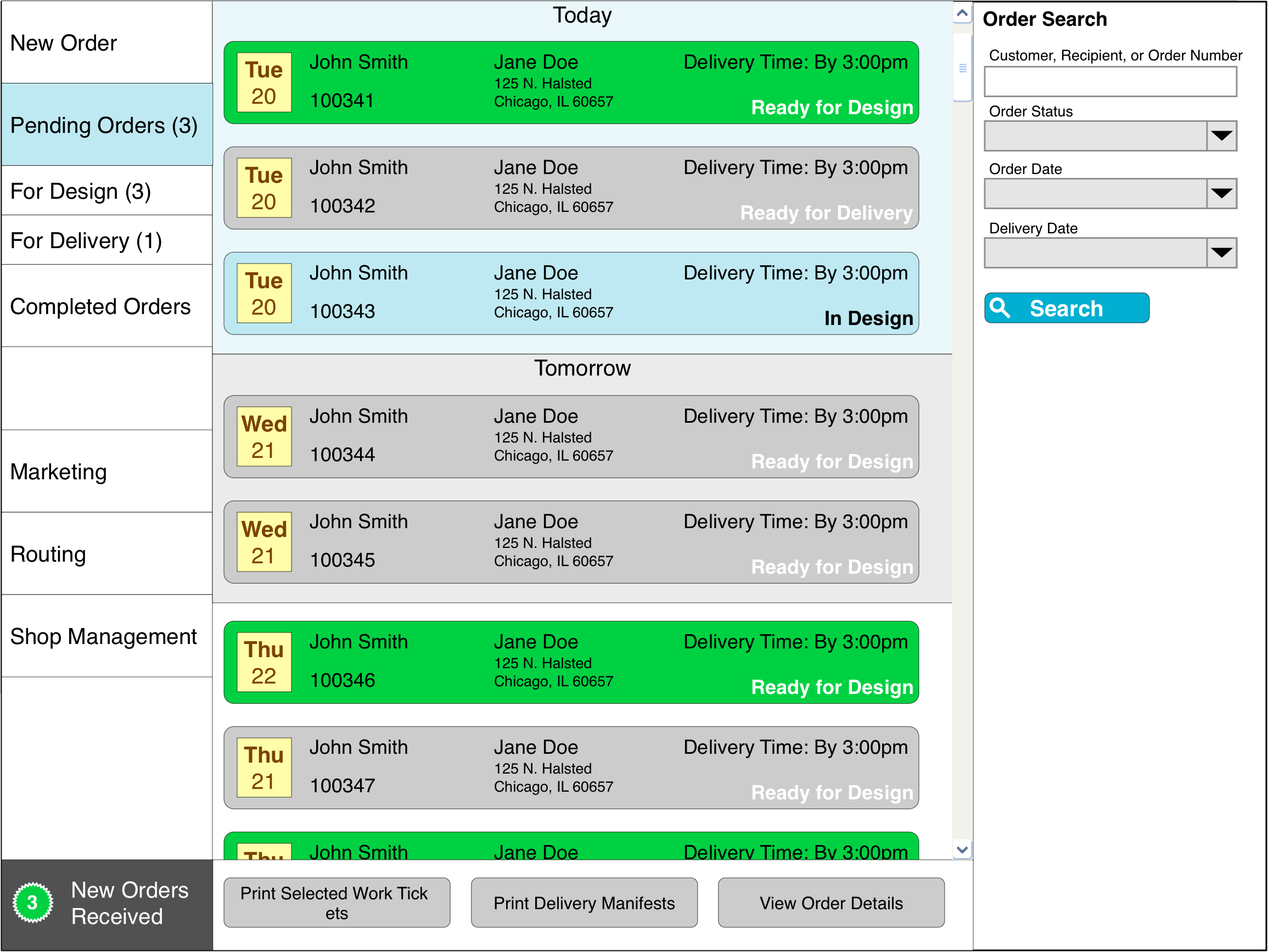 FTD Point of Sale pending orders wireframe.