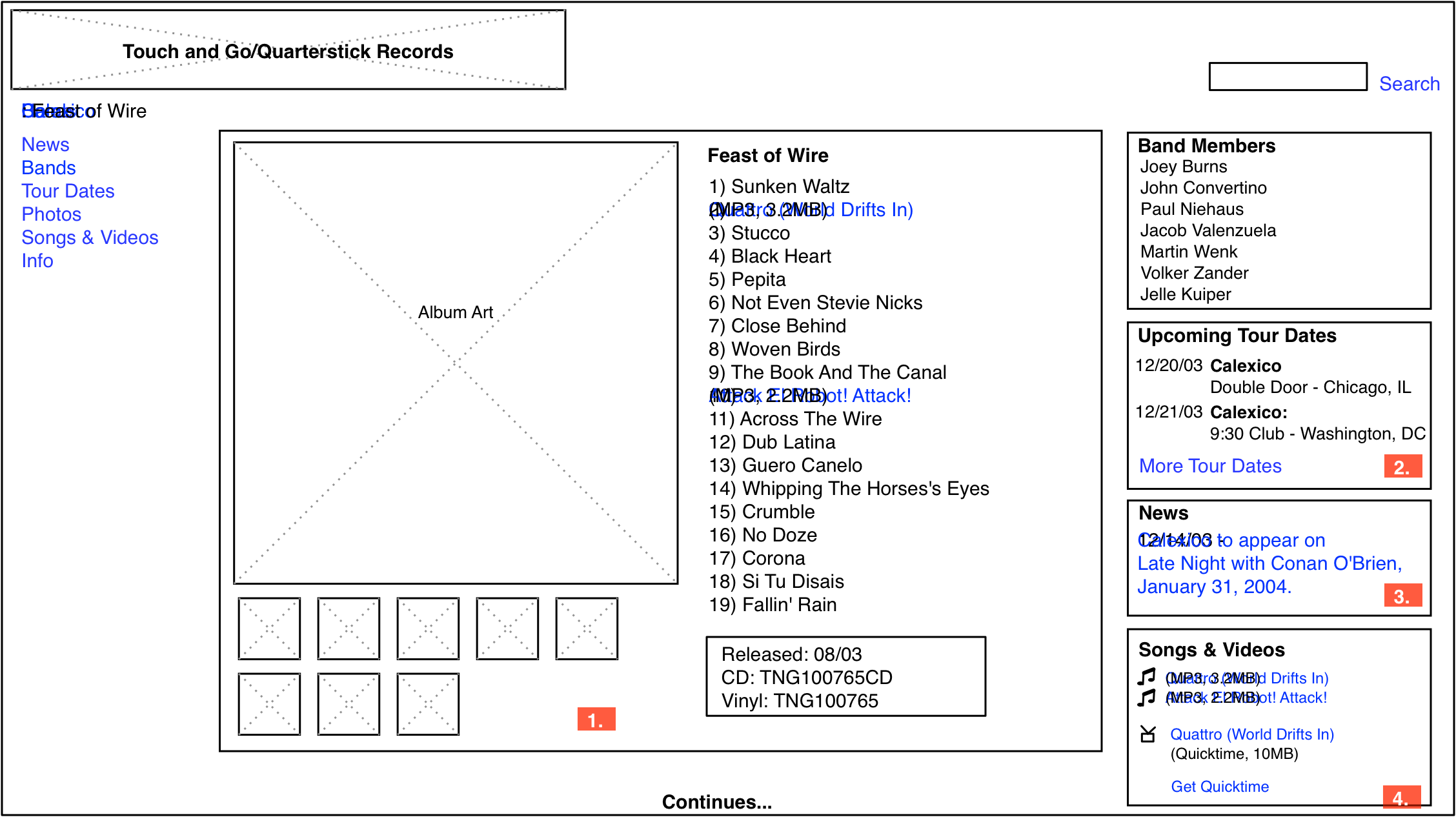 Touch and Go Records album page wireframe.
