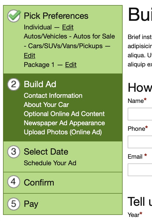 Tribune Technology Online Classified Entry prototype progress indicator screenshot.