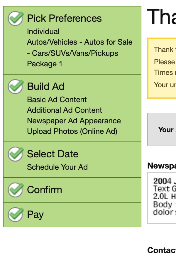 Tribune Technology Online Classified Entry prototype progress indicator screenshot.